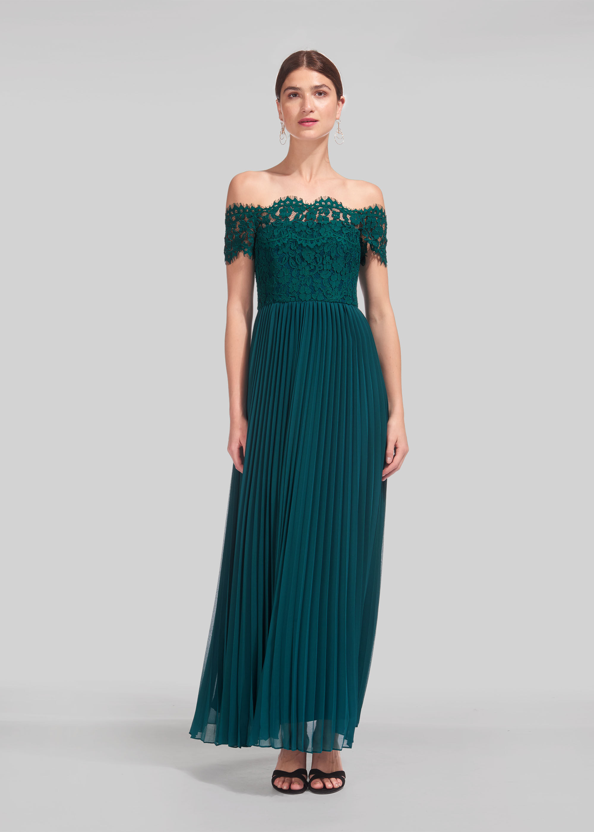 Green Bardot Lace Pleat Maxi Dress ...
